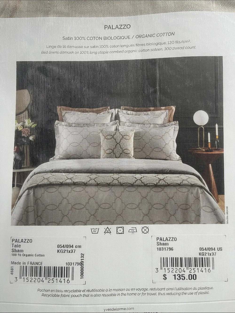 Yves Delorme Palazzo Sham 100% Organic Satin Cotton